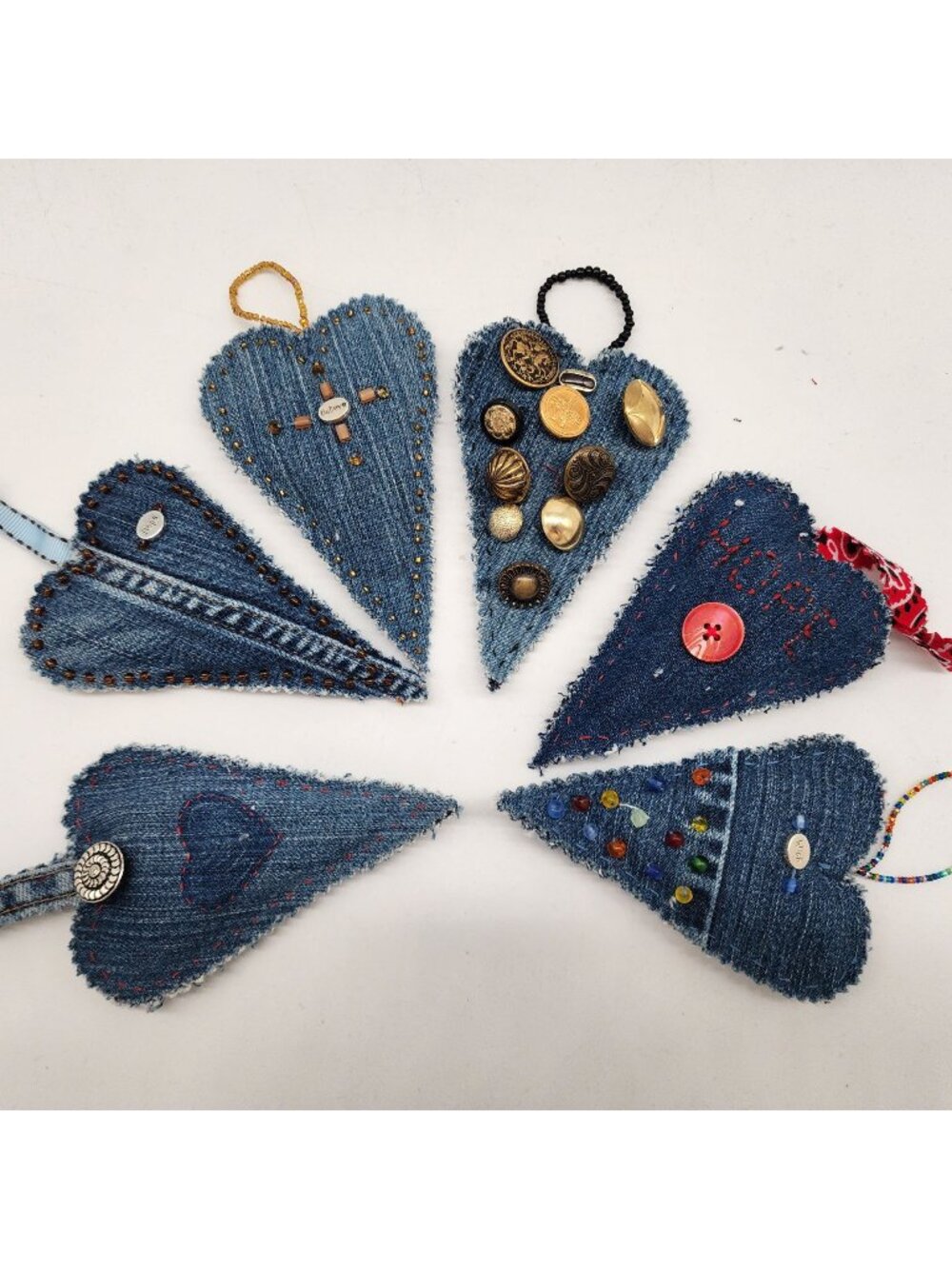 Denim Hanging Heart Ornaments Embellished Buttons Beads Embroidery Handmade